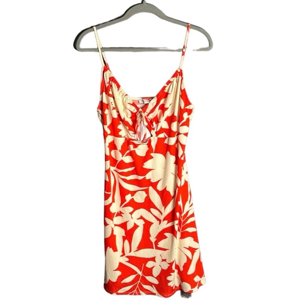 TopShop Orange Cream Tropical Print Ribbed Slip Dress Bow Cutout 12